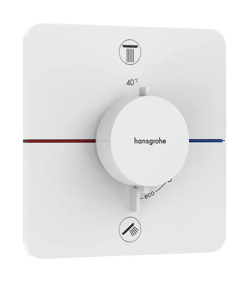 Weißer Thermostat mit Drehregler von Hansgrohe, zwei Verbraucheranschlüsse, Anzeige für Temperatur und Eco-Modus, Icons für Funktionen an der Oberfläche.